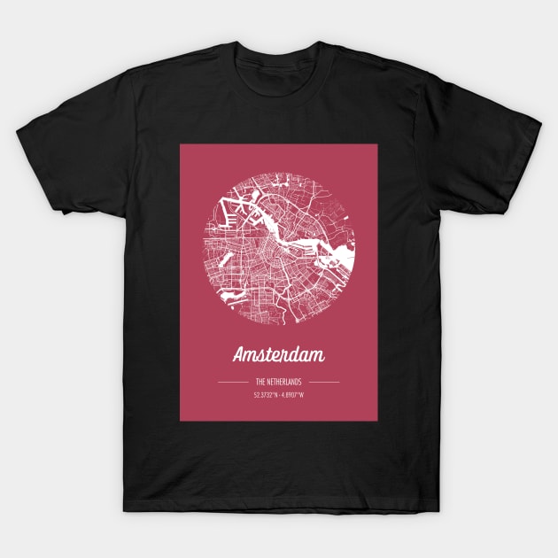 City map in red: Amsterdam, The Netherlands, with retro vintage flair T-Shirt by AtlasMirabilis